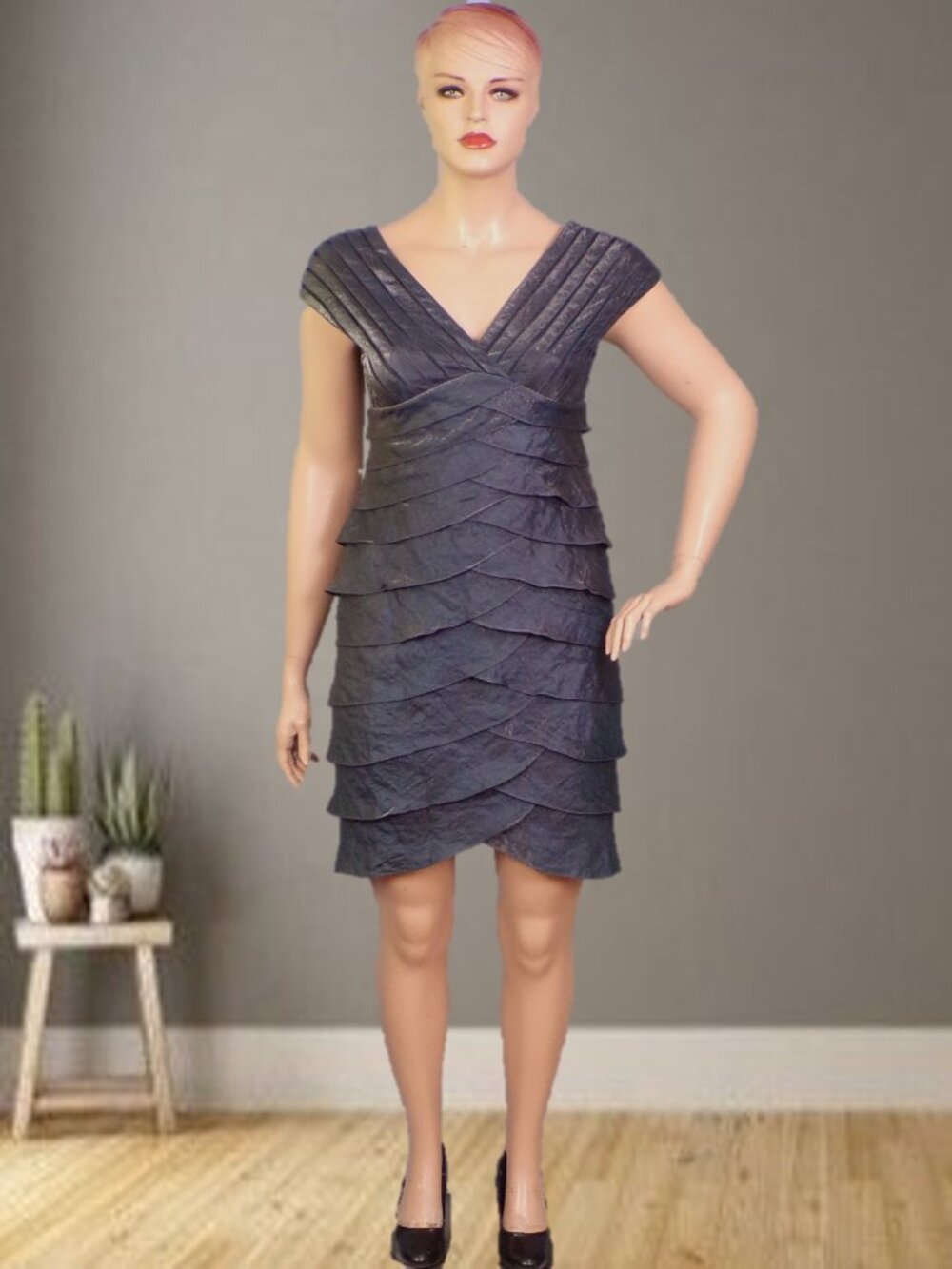 ADRIANNA PAPELL size 14 blue-gray satin layered sheath dress rayon/poly/nylon